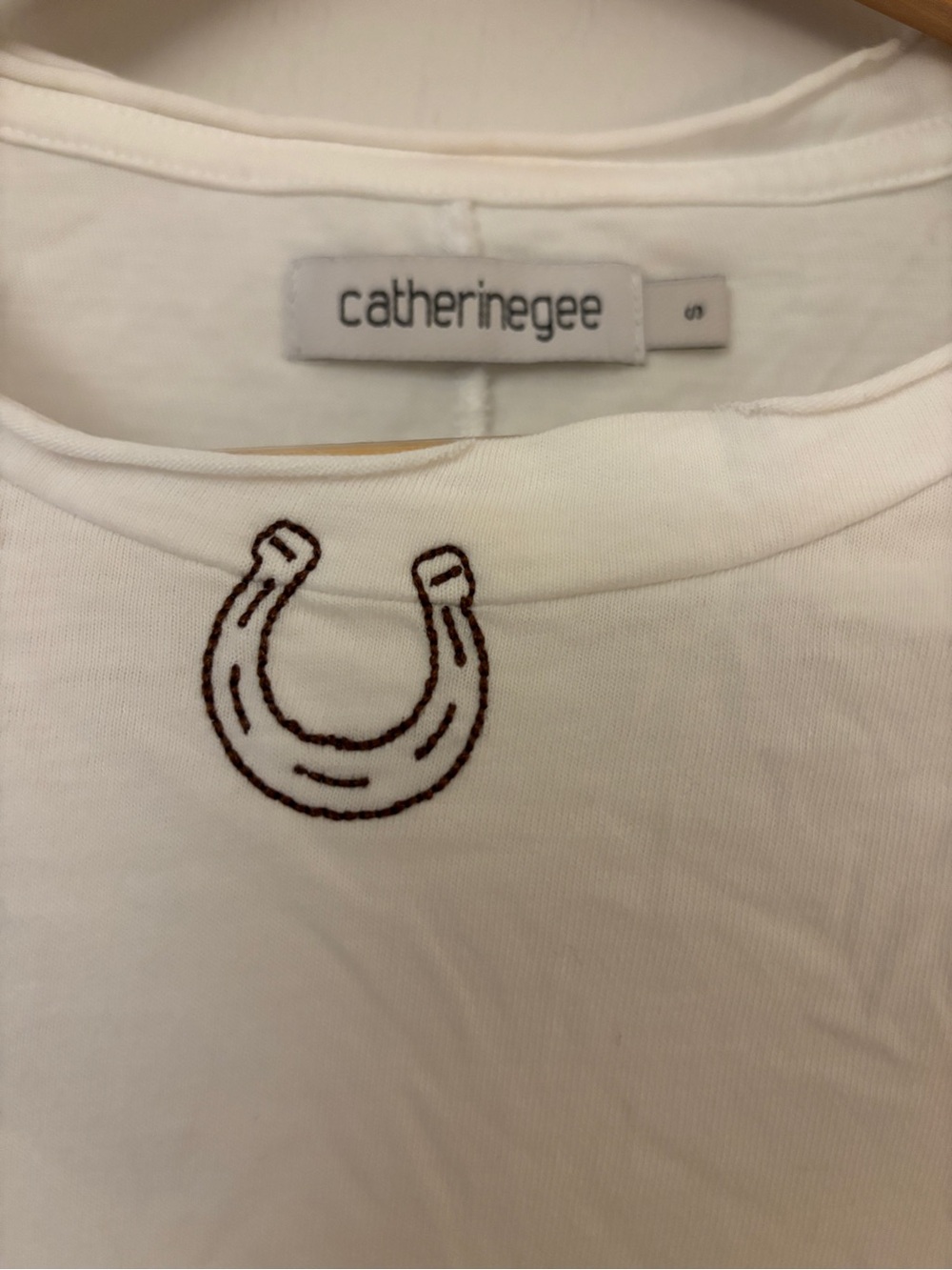 Catherine Gee White Horeshoe Long-Sleeve Tee Size Small Embroidered Americana - Picture 6 of 12